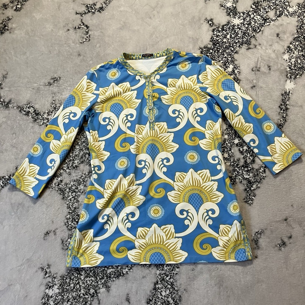 J. MCLAUGHLIN Shirt Women Sz L Blue Geometric Print Catalina Cloth Stretch Tunic